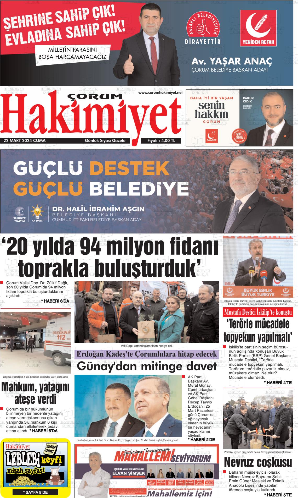 22 Mart 2024 Çorum Hakimiyet Gazete Manşeti