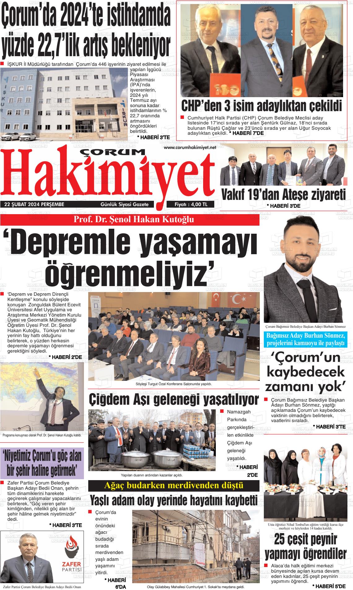 22 Şubat 2024 Çorum Hakimiyet Gazete Manşeti