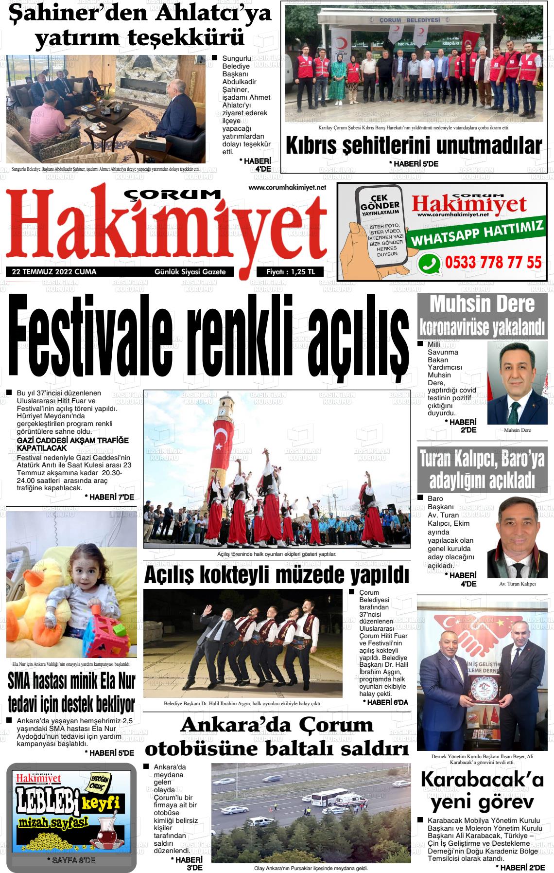 22 Temmuz 2022 Çorum Hakimiyet Gazete Manşeti