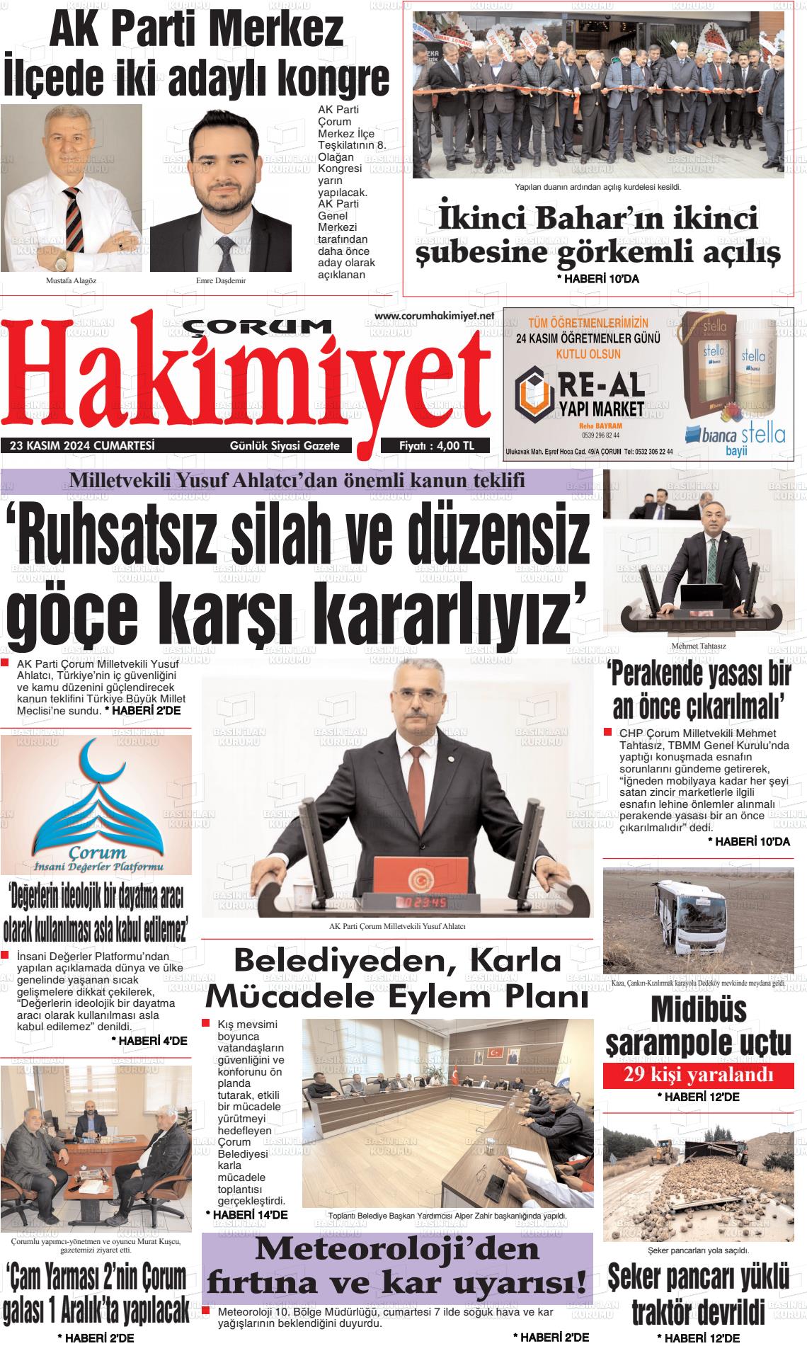 23 Kasım 2024 Çorum Hakimiyet Gazete Manşeti