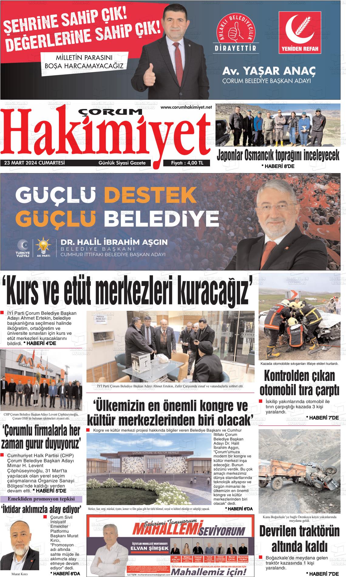 23 Mart 2024 Çorum Hakimiyet Gazete Manşeti