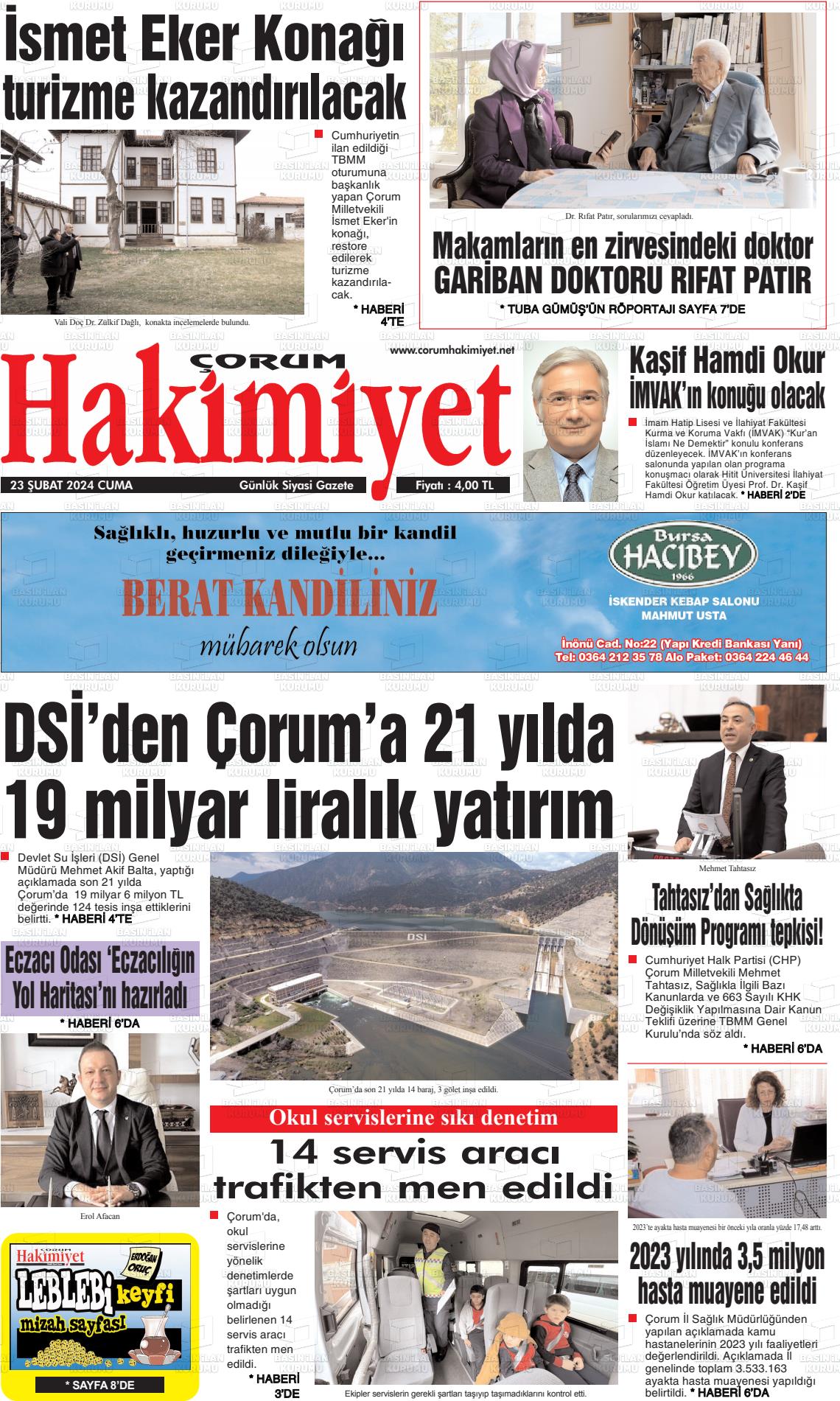 23 Şubat 2024 Çorum Hakimiyet Gazete Manşeti