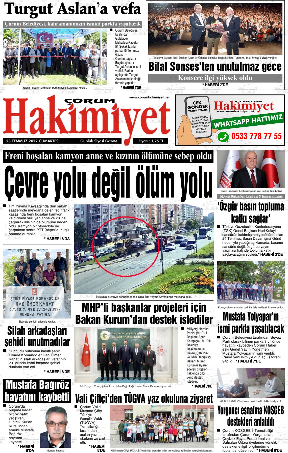 23 Temmuz 2022 Çorum Hakimiyet Gazete Manşeti