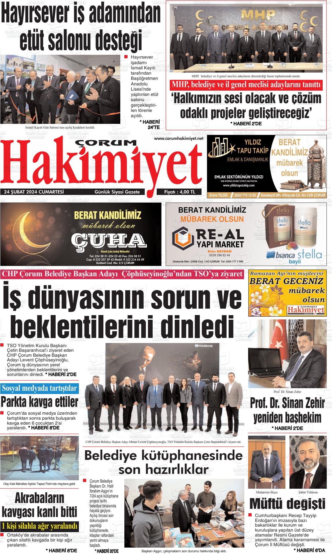 24 Şubat 2024 Çorum Hakimiyet Gazete Manşeti