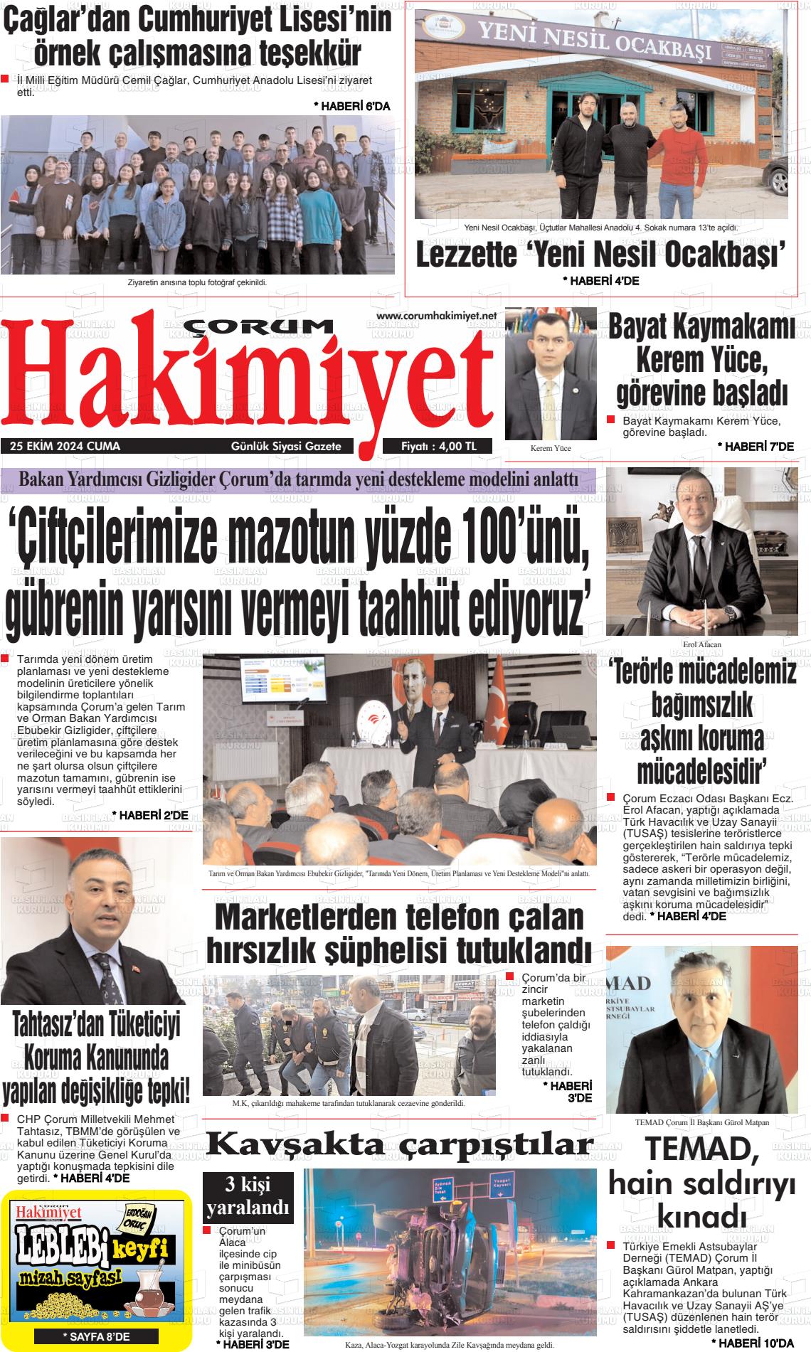 25 Ekim 2024 Çorum Hakimiyet Gazete Manşeti