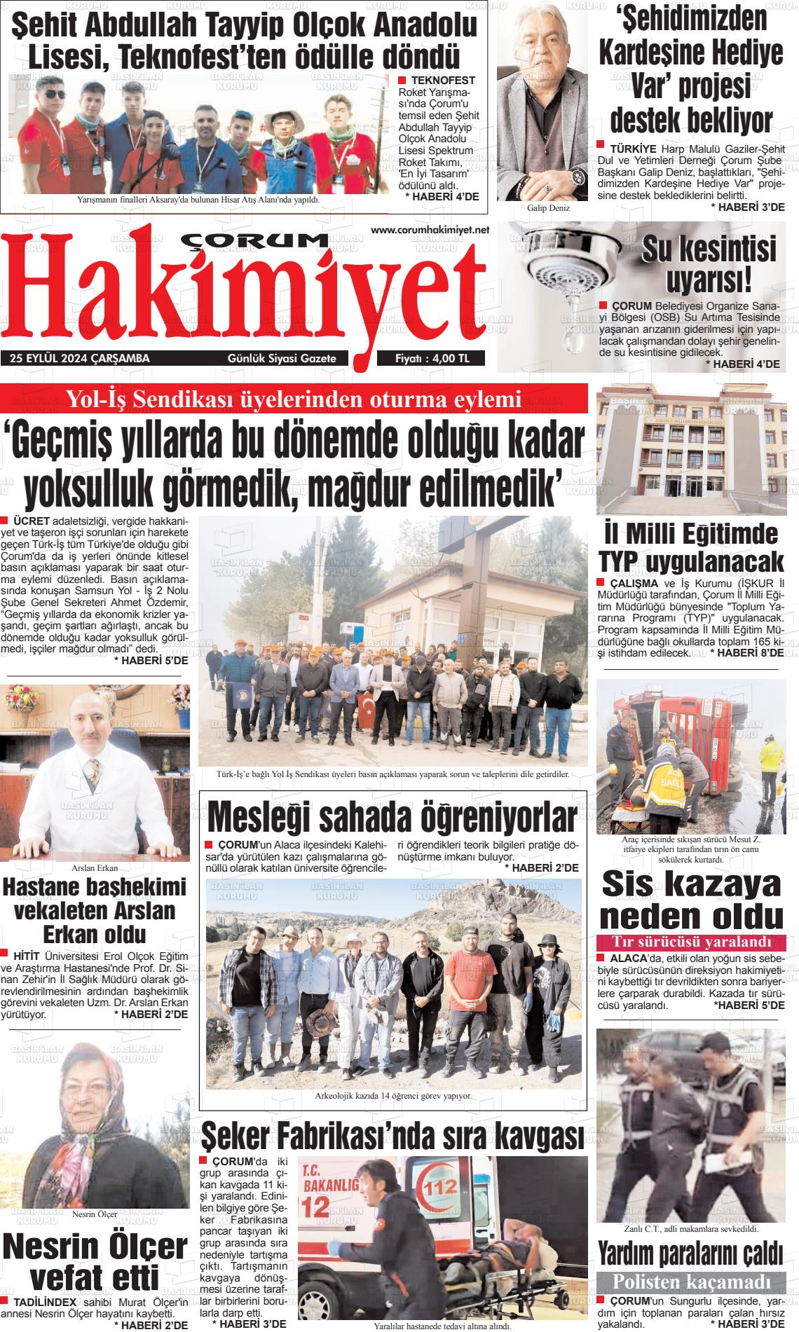 25 Eylül 2024 Çorum Hakimiyet Gazete Manşeti