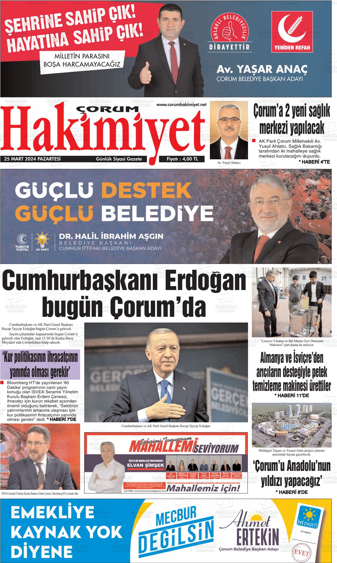 25 Mart 2024 Çorum Hakimiyet Gazete Manşeti