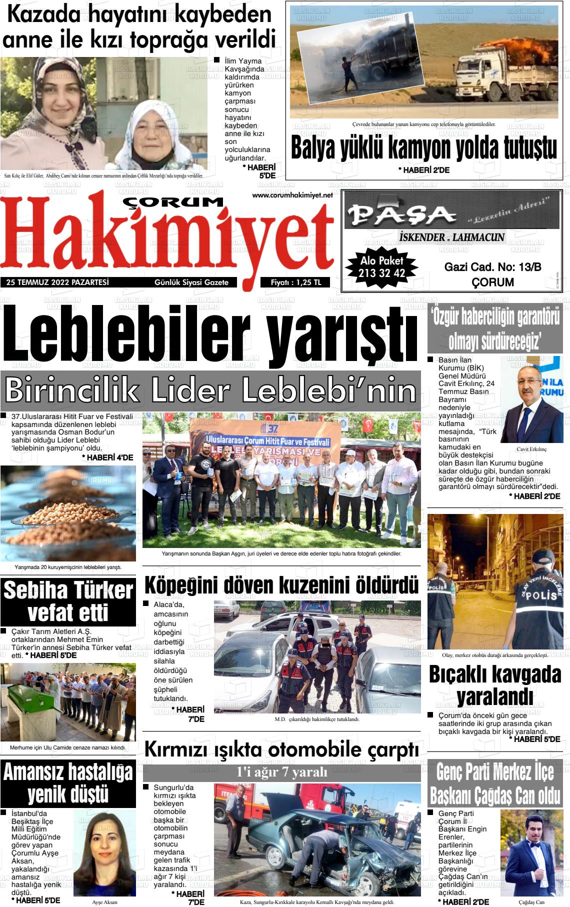 25 Temmuz 2022 Çorum Hakimiyet Gazete Manşeti