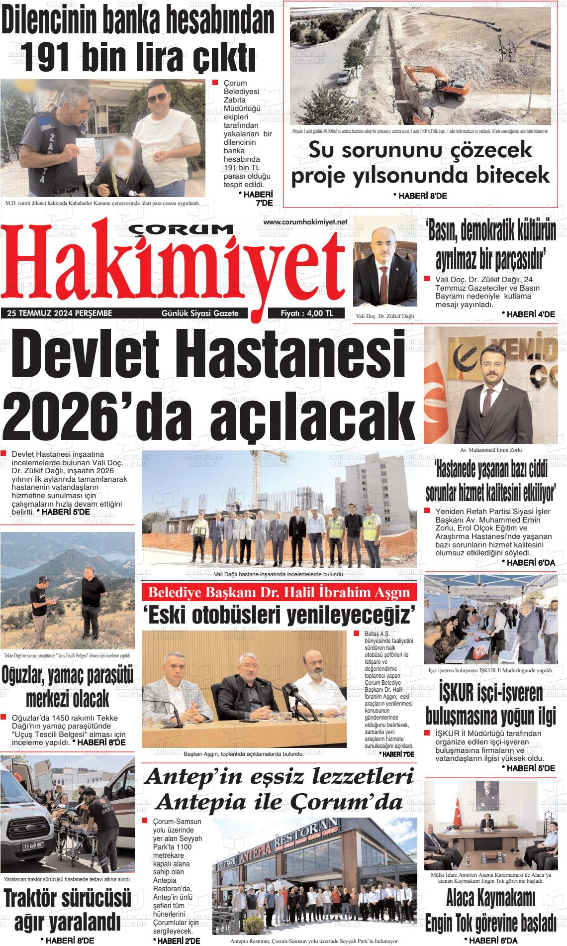 25 Temmuz 2024 Çorum Hakimiyet Gazete Manşeti