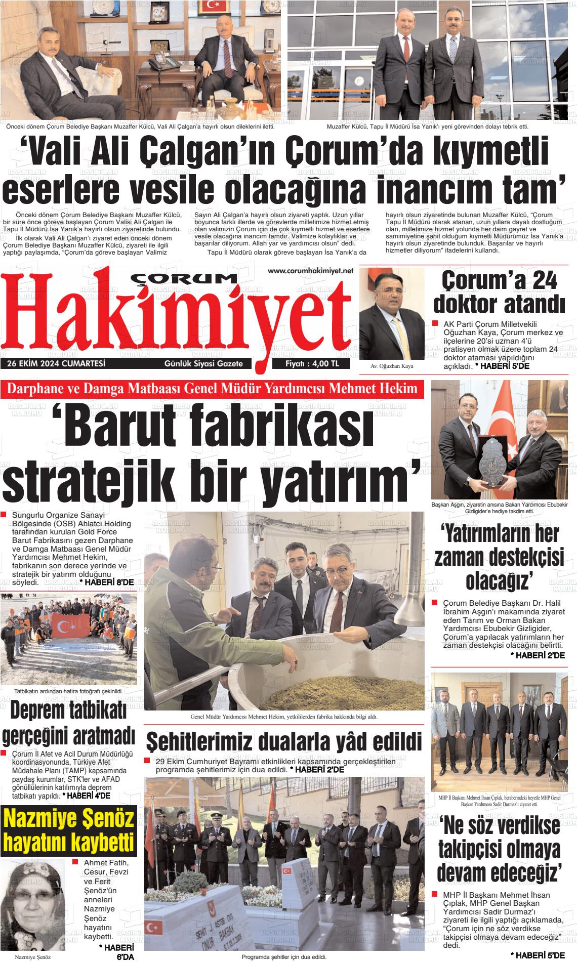 26 Ekim 2024 Çorum Hakimiyet Gazete Manşeti