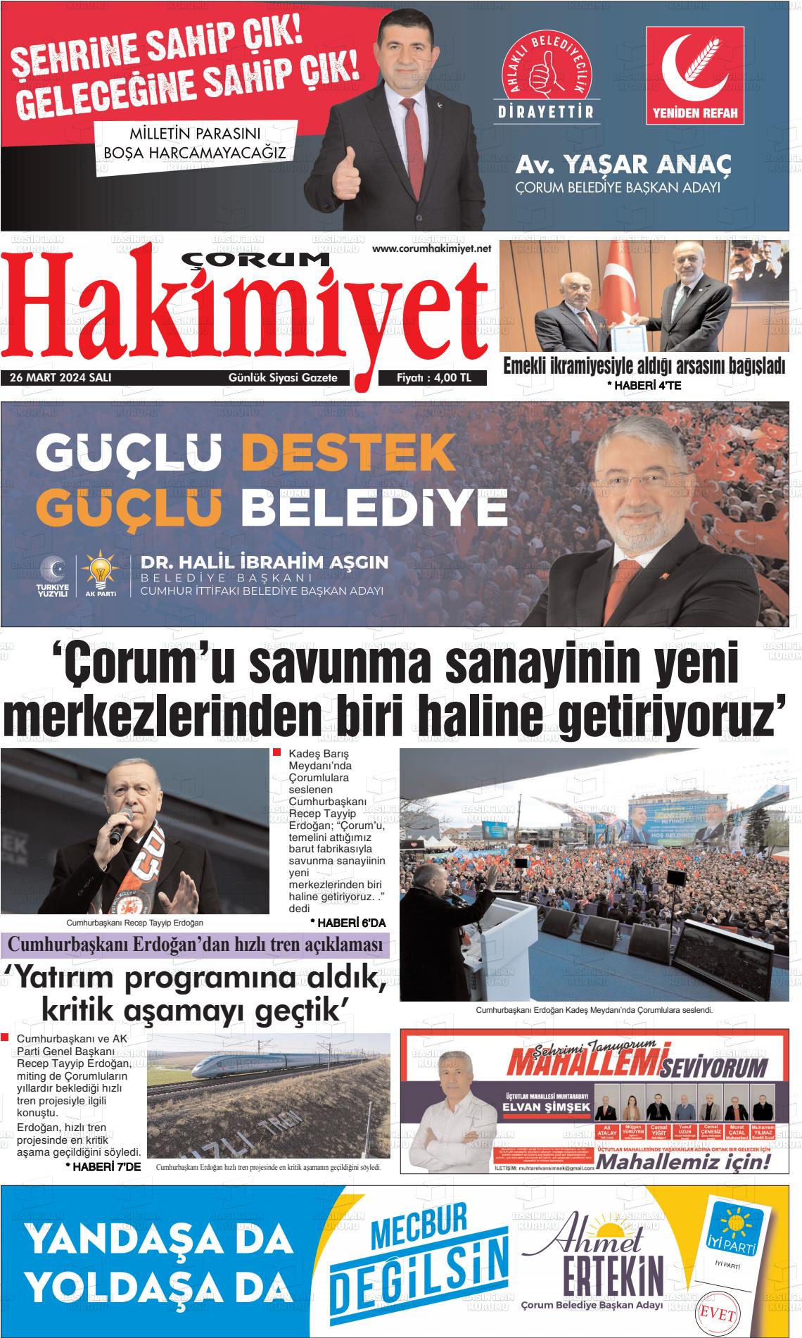 26 Mart 2024 Çorum Hakimiyet Gazete Manşeti