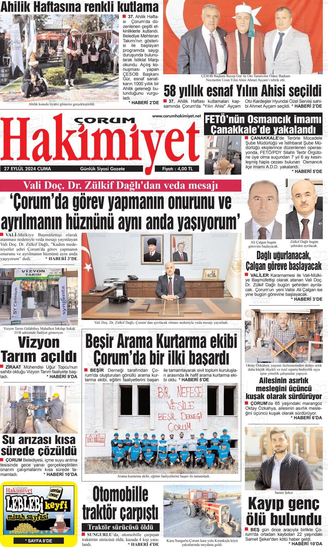 27 Eylül 2024 Çorum Hakimiyet Gazete Manşeti