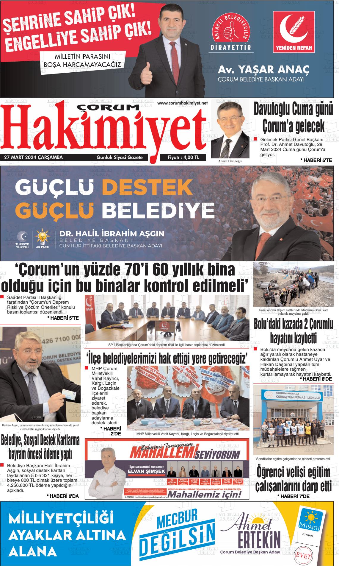 27 Mart 2024 Çorum Hakimiyet Gazete Manşeti