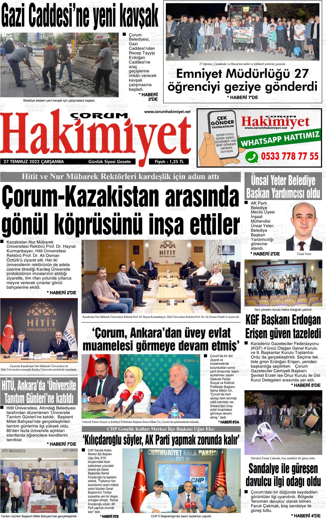 27 Temmuz 2022 Çorum Hakimiyet Gazete Manşeti