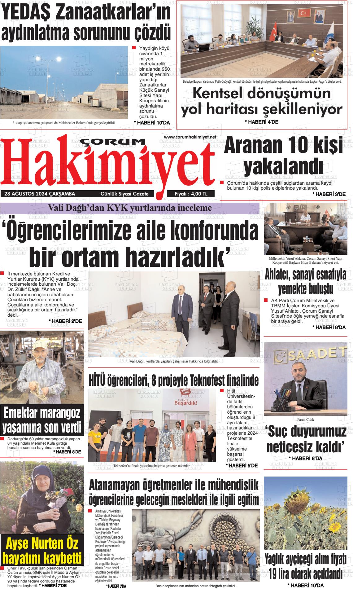 28 Ağustos 2024 Çorum Hakimiyet Gazete Manşeti