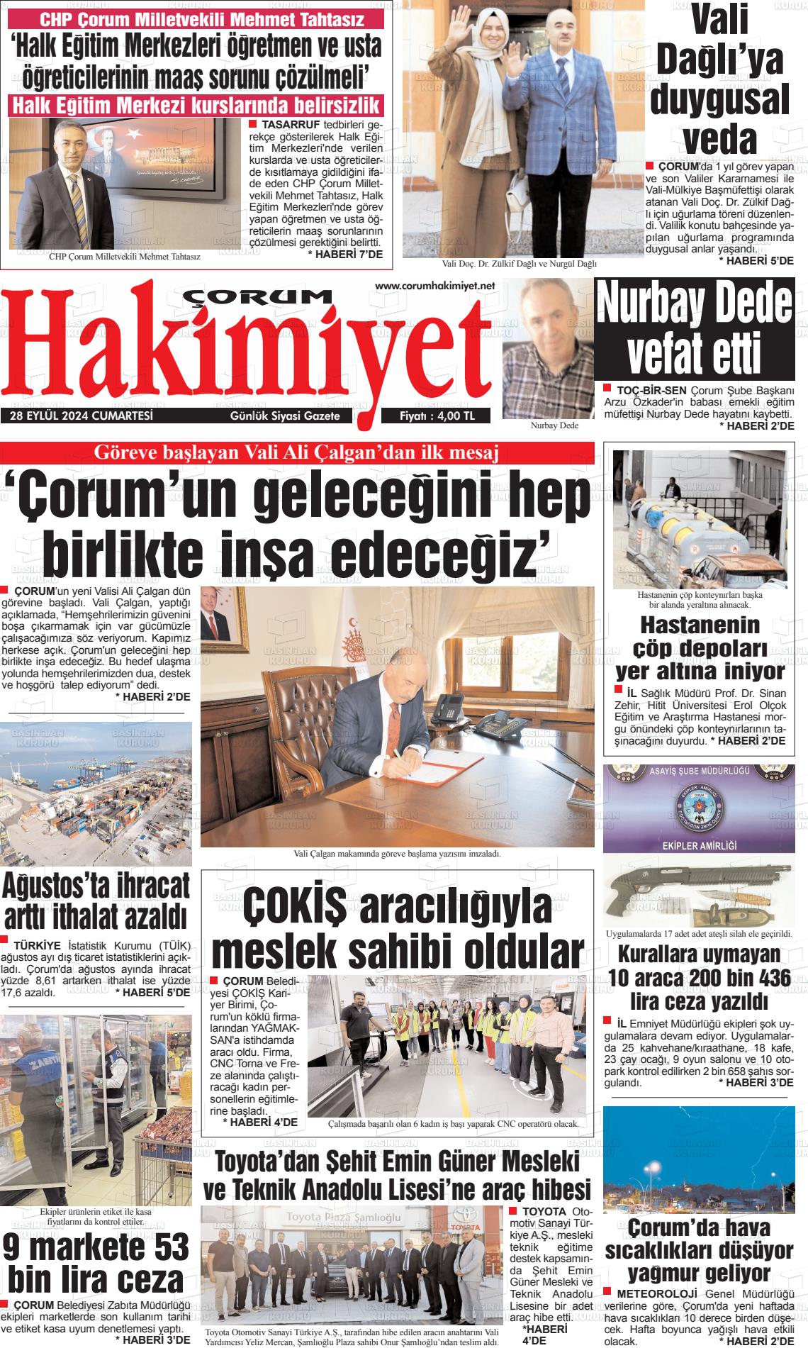 28 Eylül 2024 Çorum Hakimiyet Gazete Manşeti