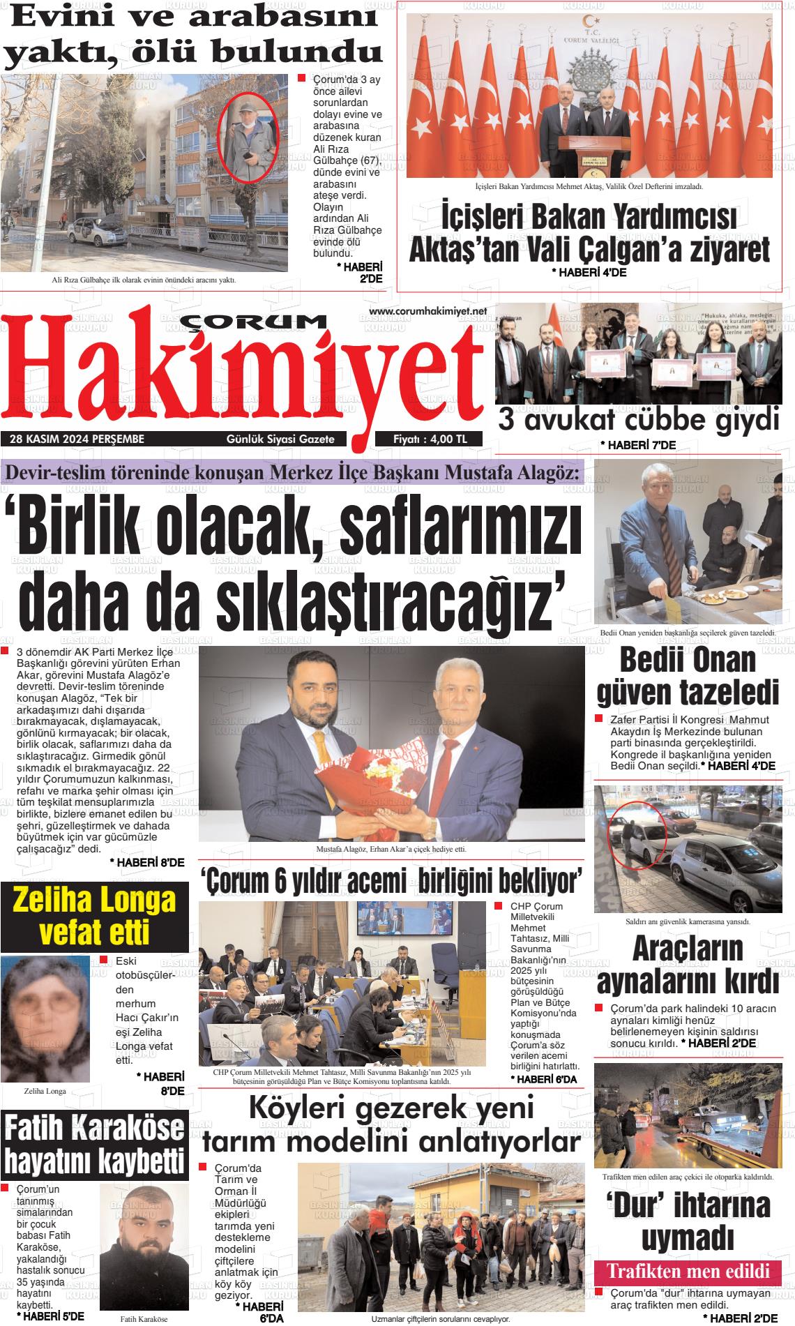 21 Aralık 2024 Çorum Hakimiyet Gazete Manşeti