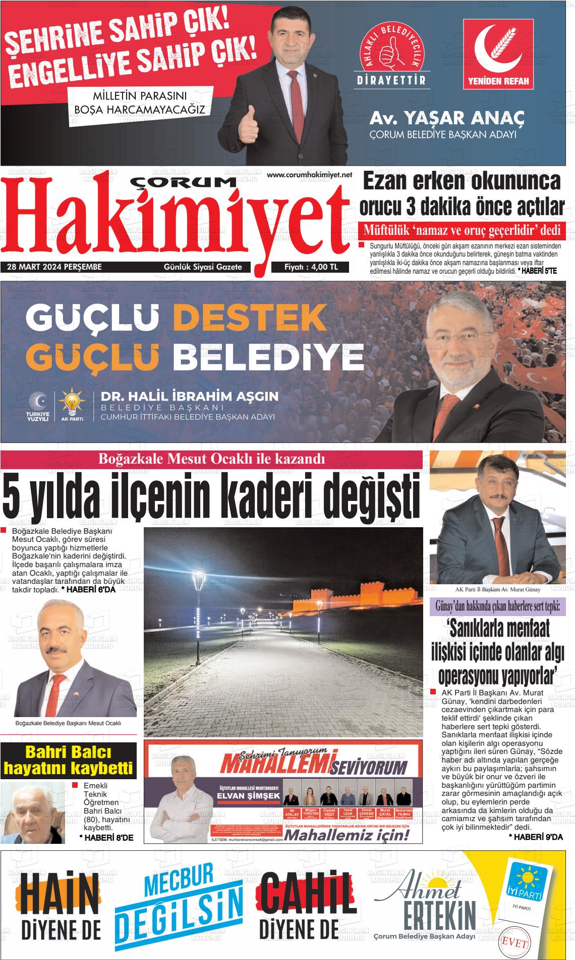 28 Mart 2024 Çorum Hakimiyet Gazete Manşeti