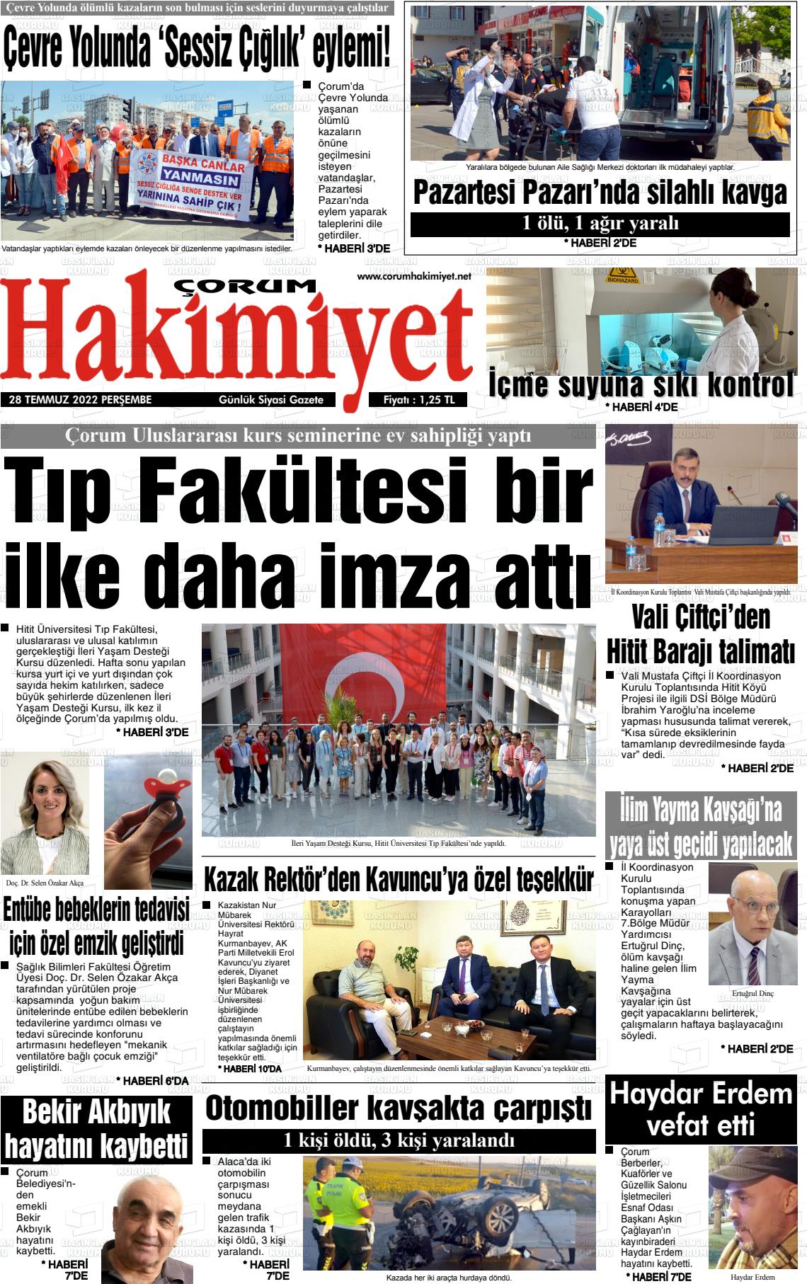 28 Temmuz 2022 Çorum Hakimiyet Gazete Manşeti