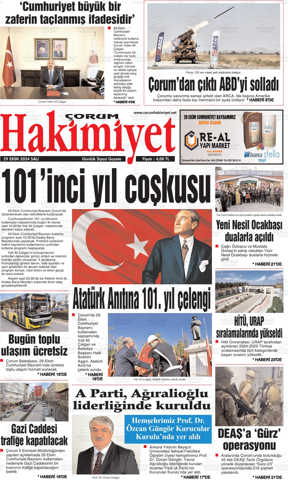 29 Ekim 2024 Çorum Hakimiyet Gazete Manşeti