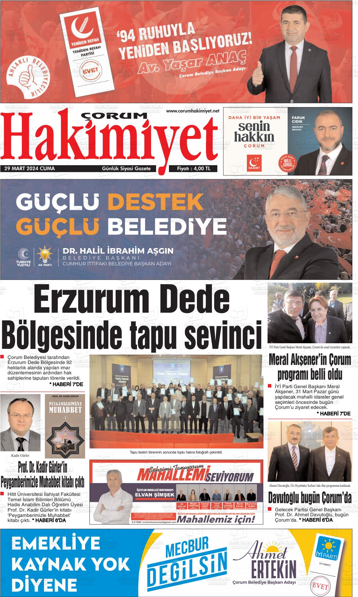 29 Mart 2024 Çorum Hakimiyet Gazete Manşeti