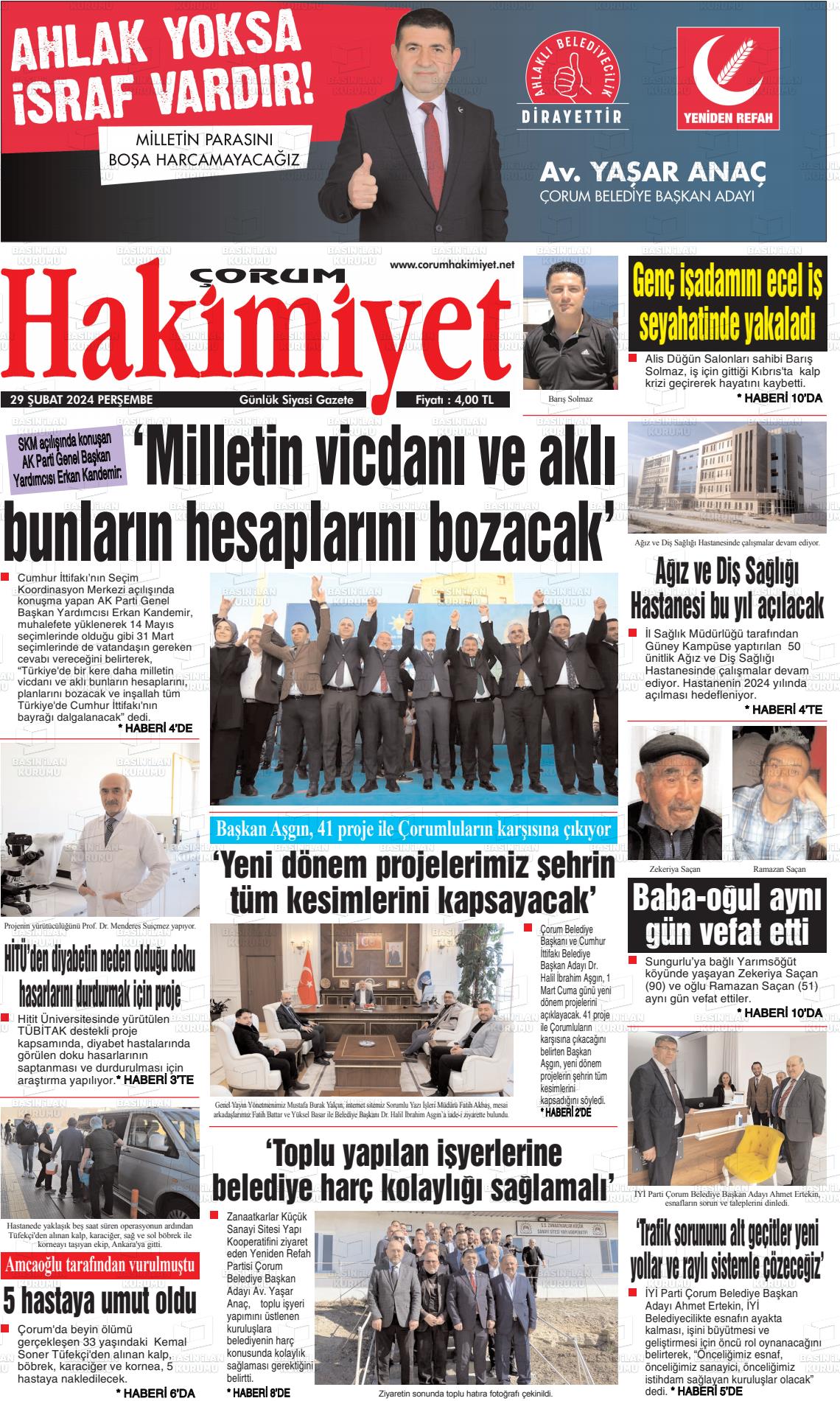 29 Şubat 2024 Çorum Hakimiyet Gazete Manşeti