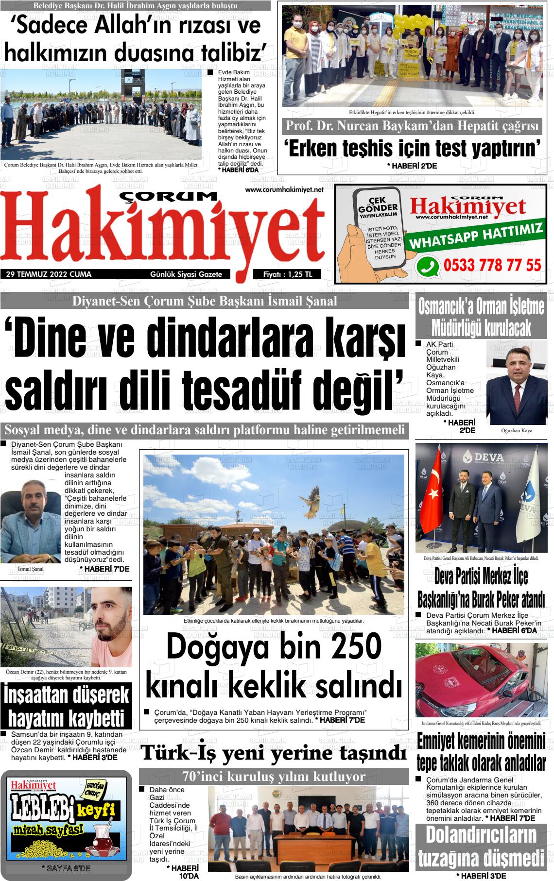 29 Temmuz 2022 Çorum Hakimiyet Gazete Manşeti