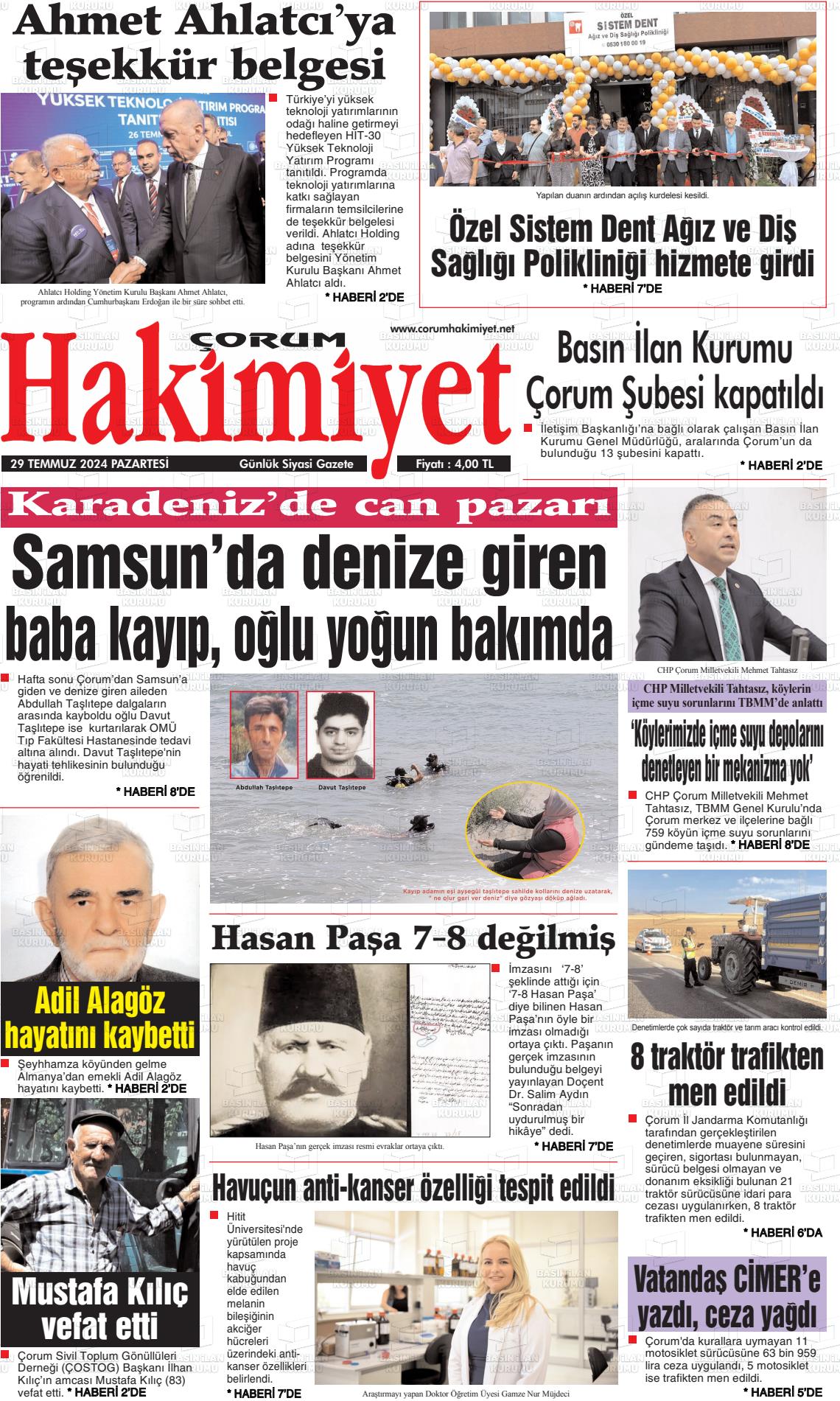 29 Temmuz 2024 Çorum Hakimiyet Gazete Manşeti