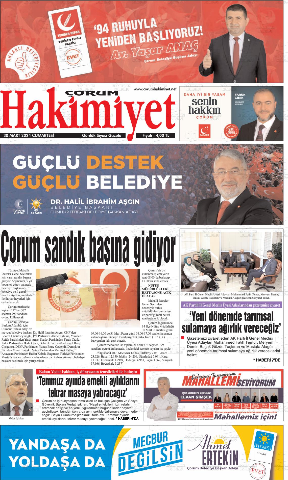 30 Mart 2024 Çorum Hakimiyet Gazete Manşeti