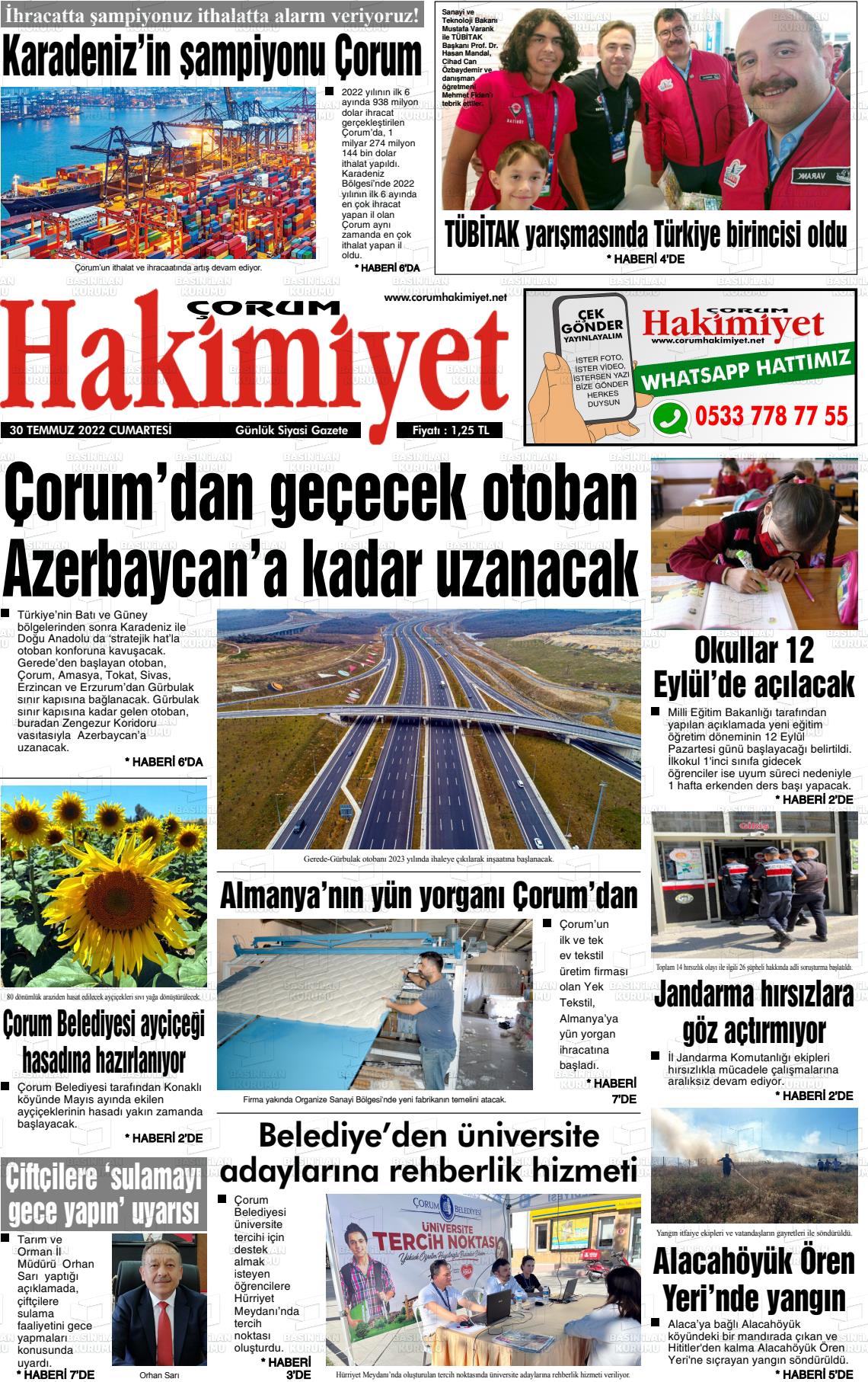 30 Temmuz 2022 Çorum Hakimiyet Gazete Manşeti