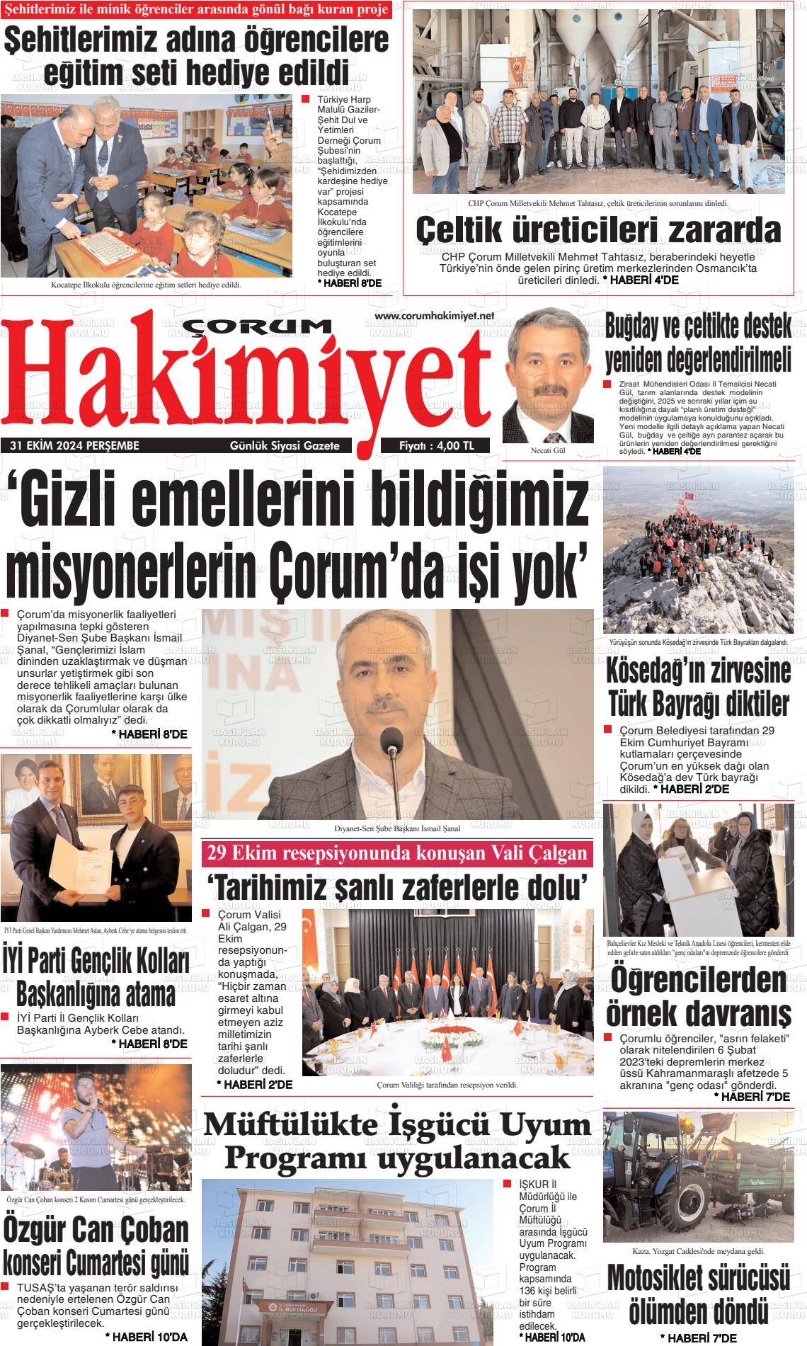 31 Ekim 2024 Çorum Hakimiyet Gazete Manşeti