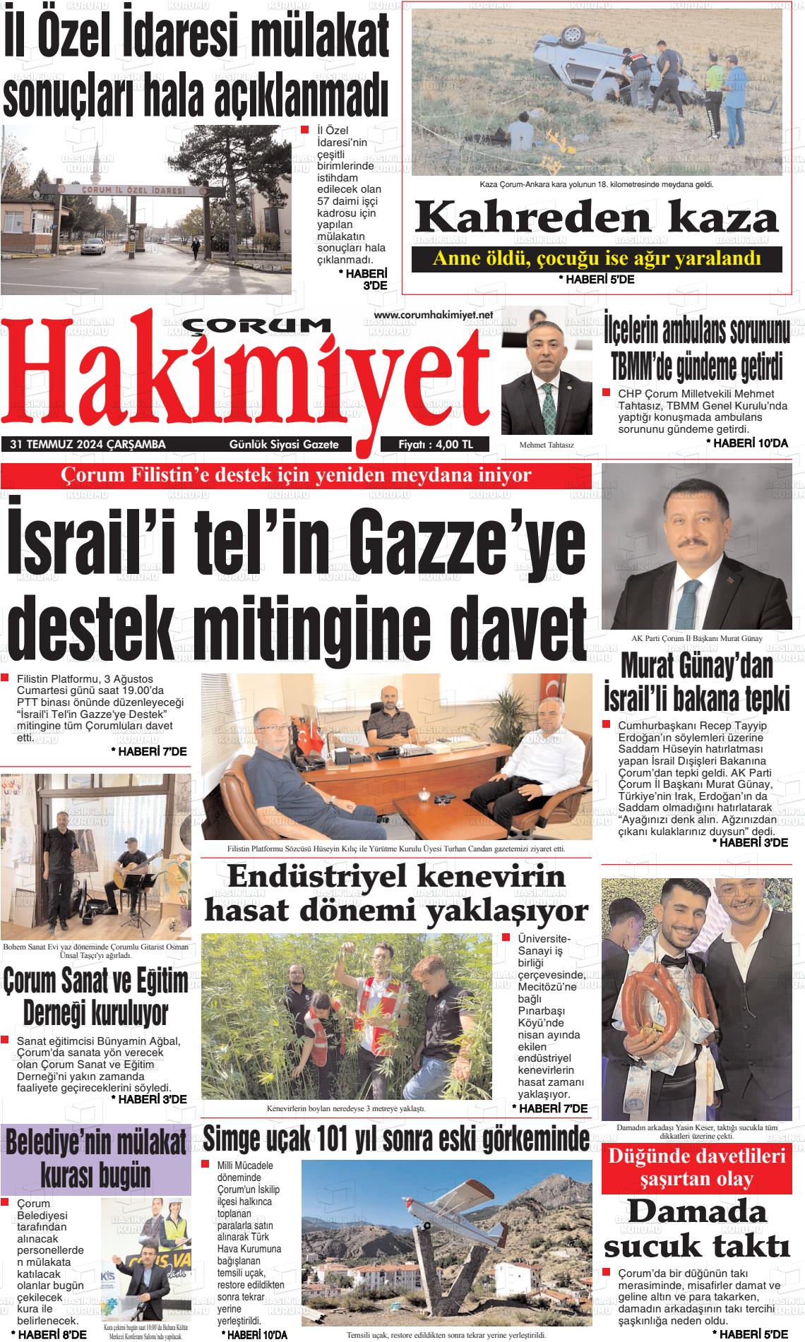 31 Temmuz 2024 Çorum Hakimiyet Gazete Manşeti