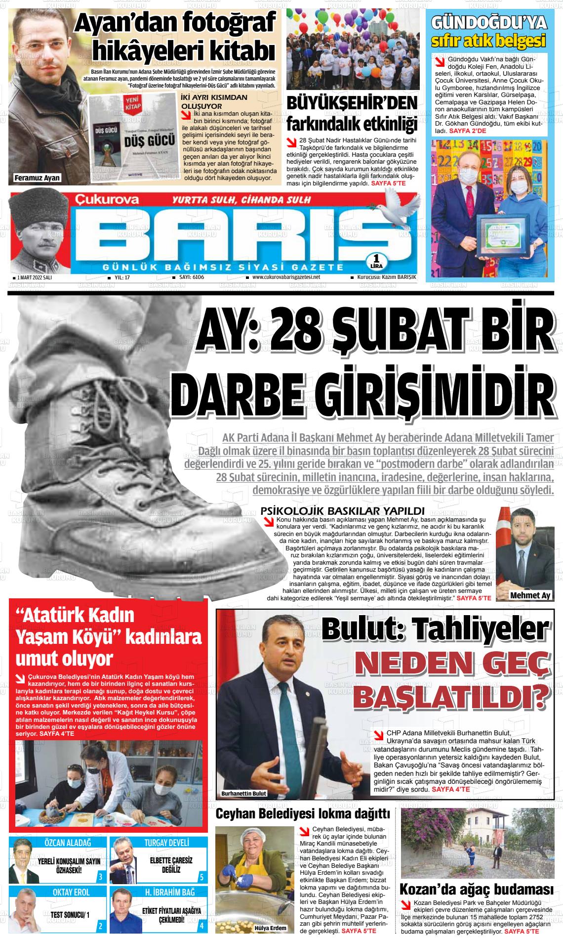 01 Mart 2022 Çukurova Barış Gazete Manşeti