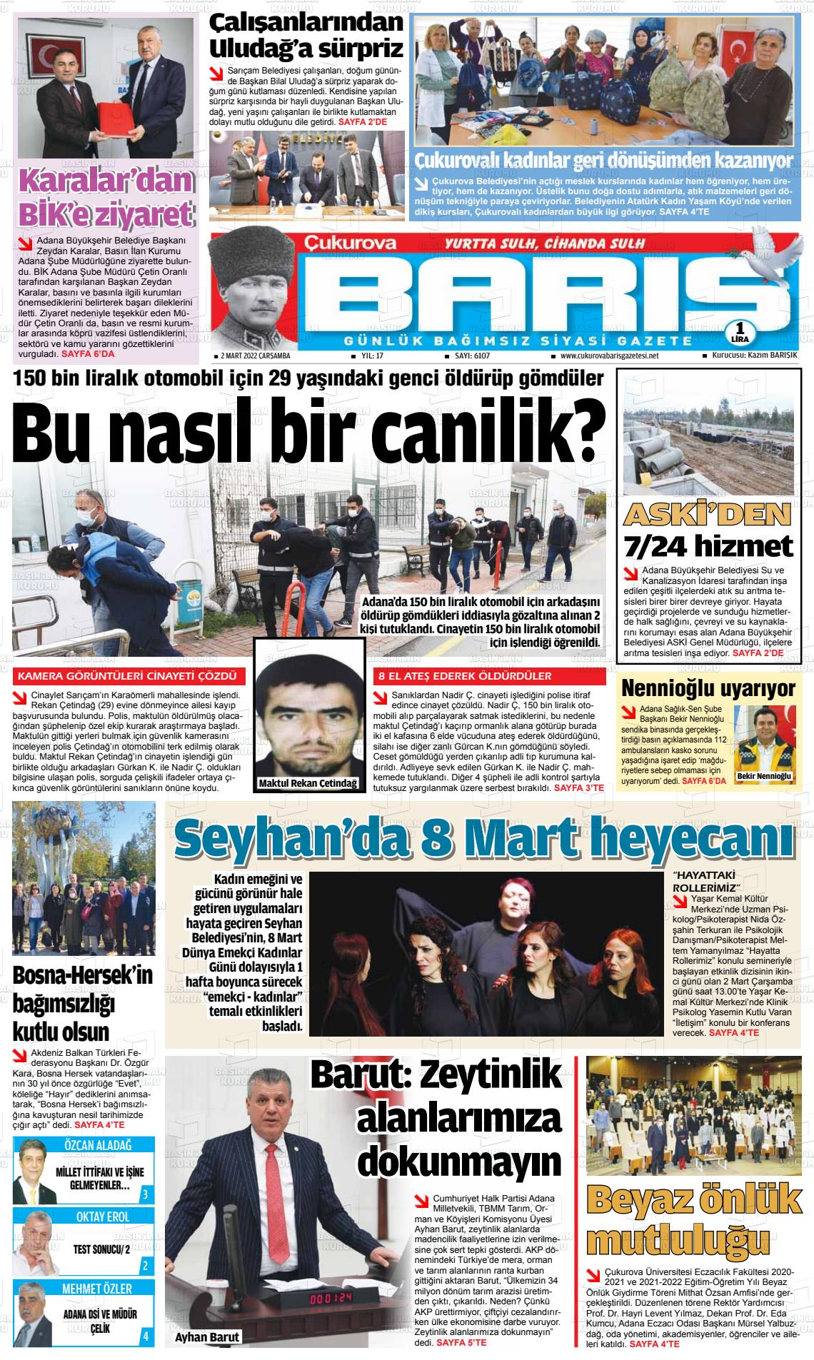 02 Mart 2022 Çukurova Barış Gazete Manşeti