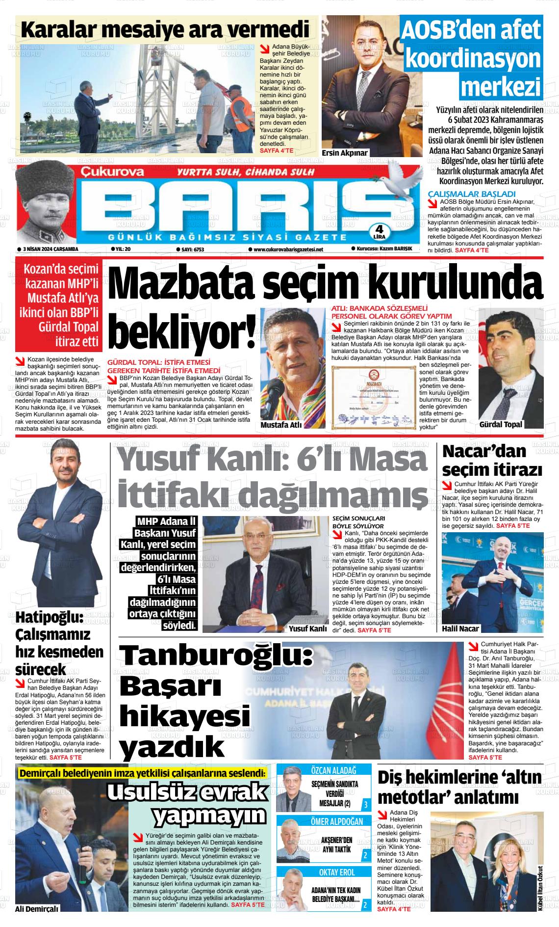 03 Nisan 2024 Çukurova Barış Gazete Manşeti