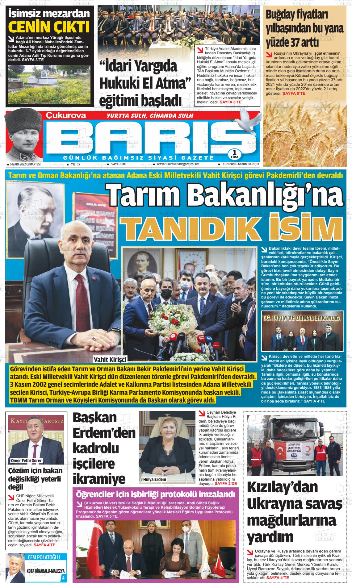 05 Mart 2022 Çukurova Barış Gazete Manşeti