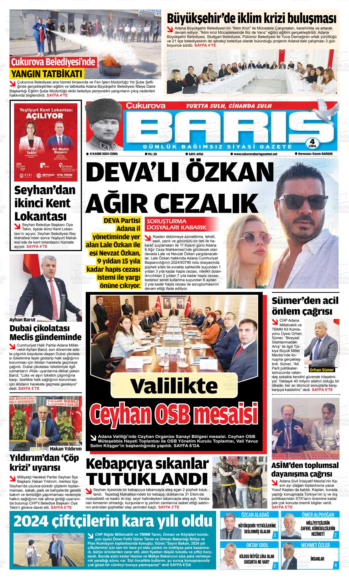 08 Kasım 2024 Çukurova Barış Gazete Manşeti