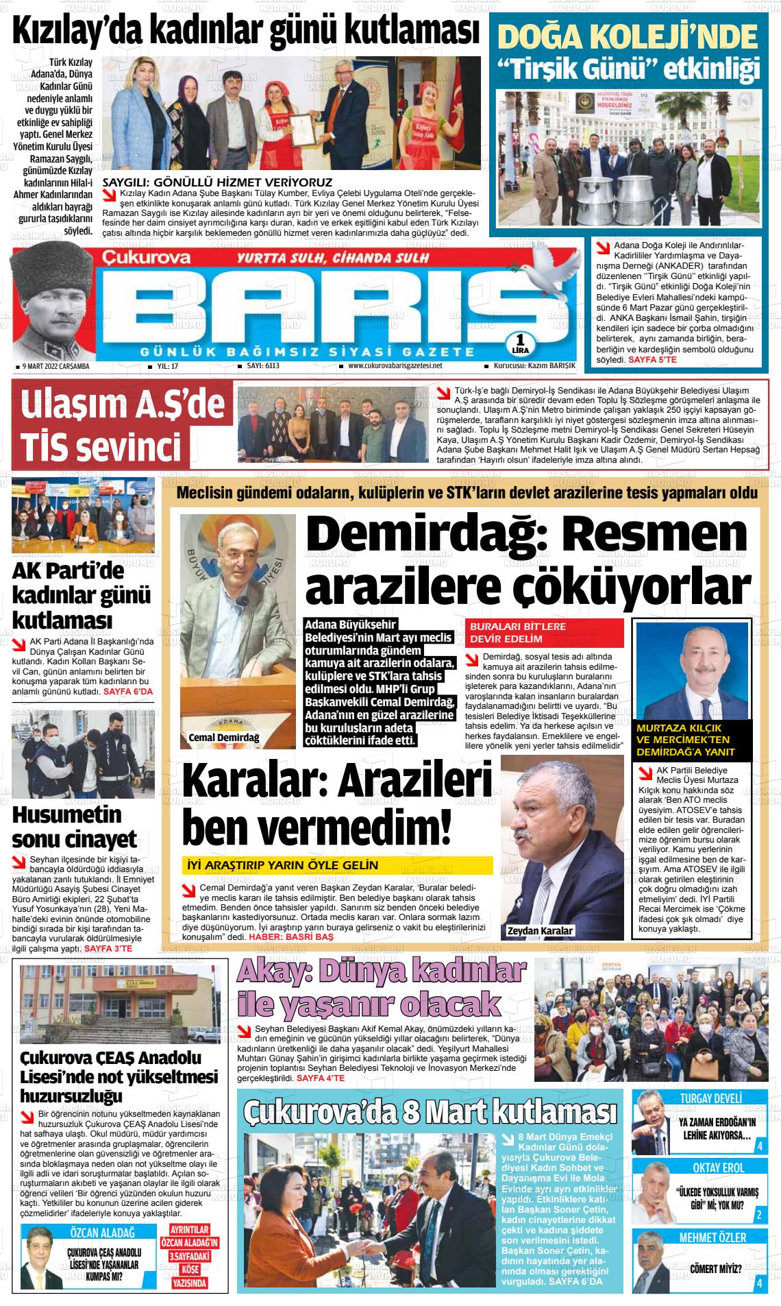 09 Mart 2022 Çukurova Barış Gazete Manşeti