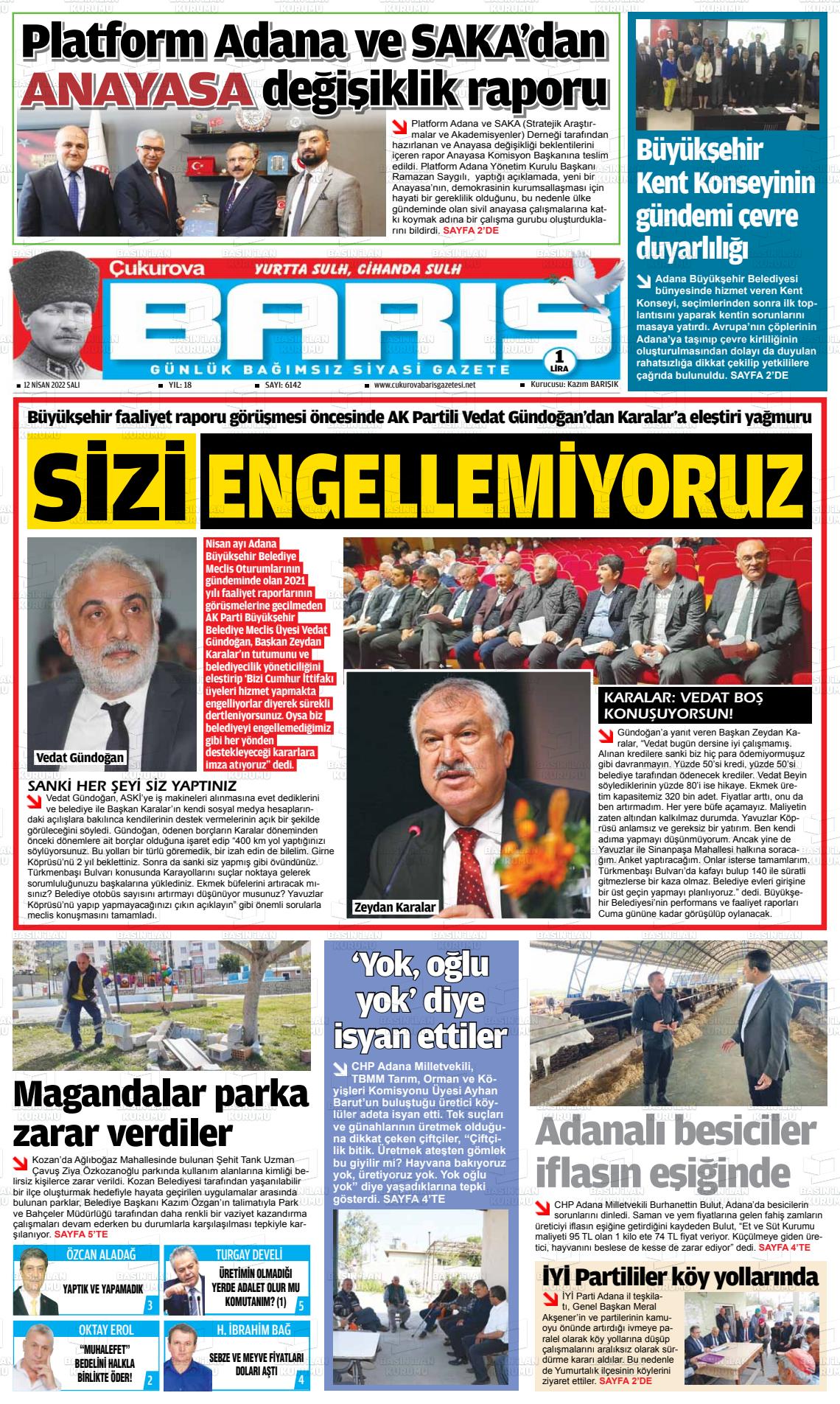 12 Nisan 2022 Çukurova Barış Gazete Manşeti