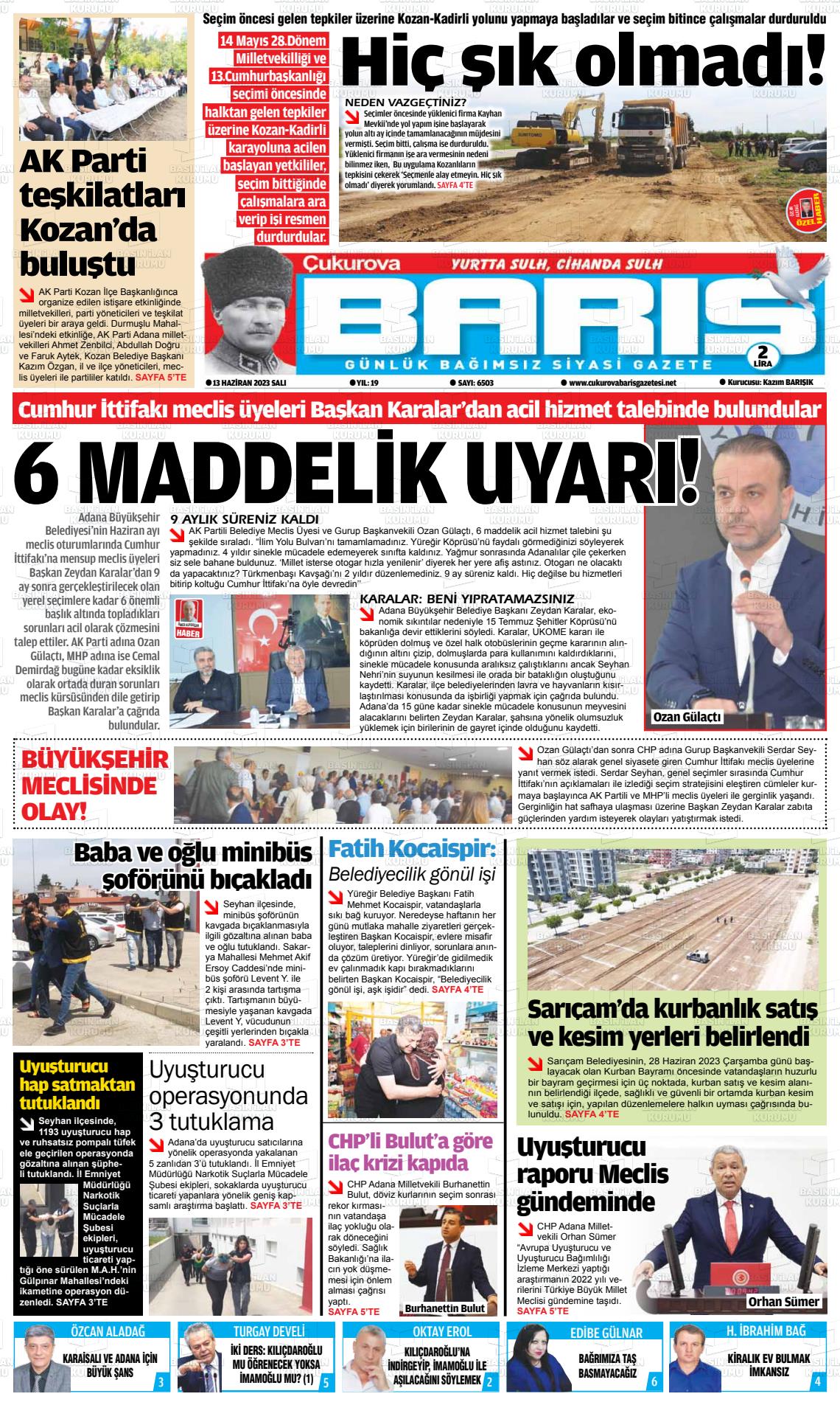 13 Haziran 2023 Çukurova Barış Gazete Manşeti