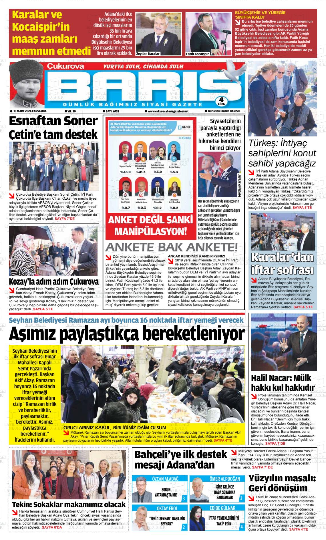 13 Mart 2024 Çukurova Barış Gazete Manşeti