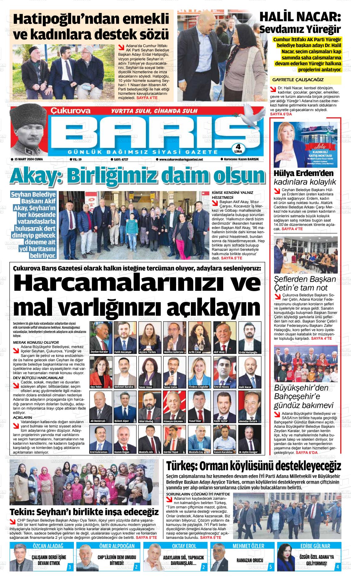 15 Mart 2024 Çukurova Barış Gazete Manşeti