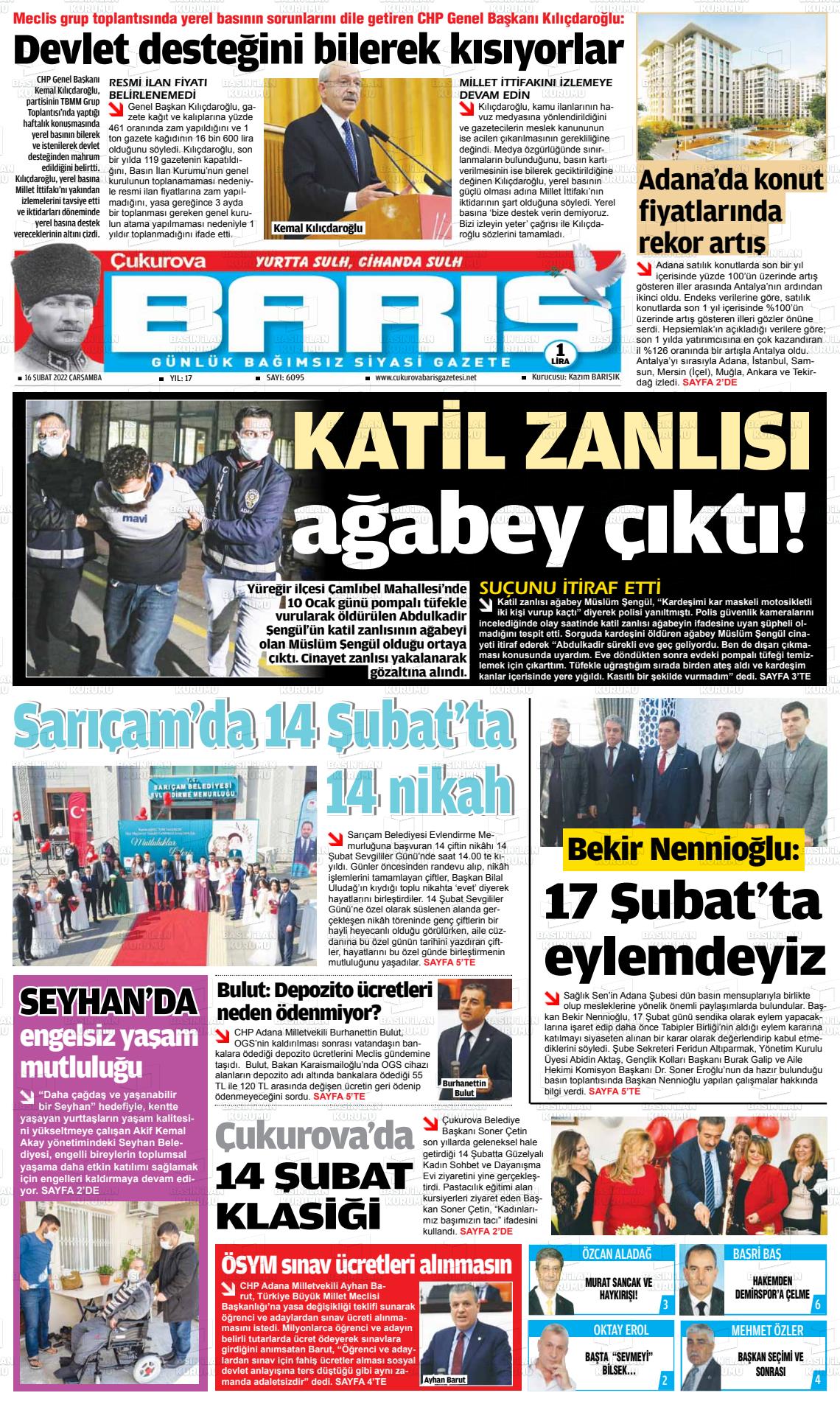 16 Şubat 2022 Çukurova Barış Gazete Manşeti