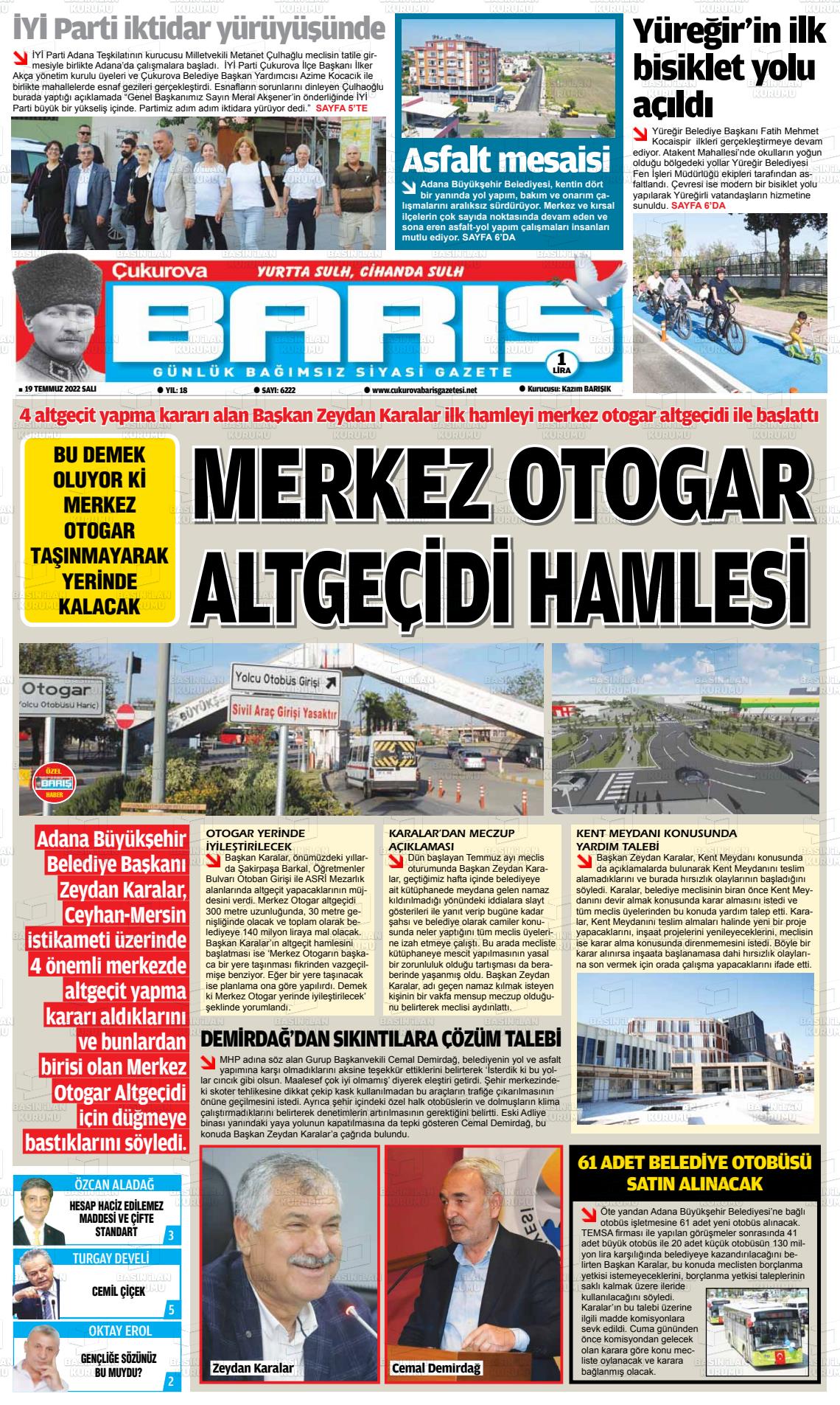 19 Temmuz 2022 Çukurova Barış Gazete Manşeti