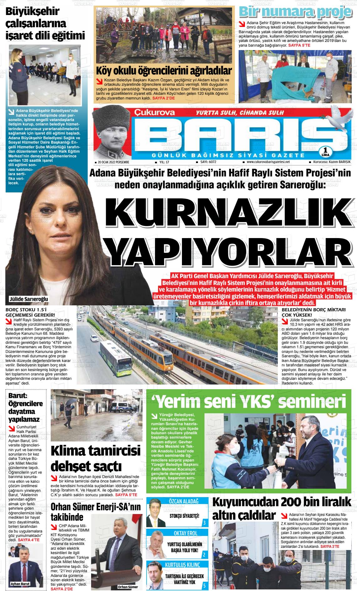 20 Ocak 2022 Çukurova Barış Gazete Manşeti