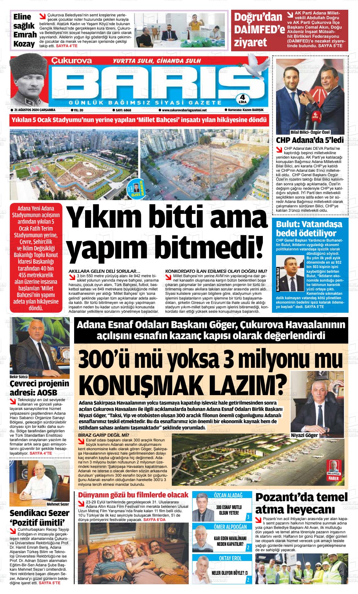 21 Ağustos 2024 Çukurova Barış Gazete Manşeti