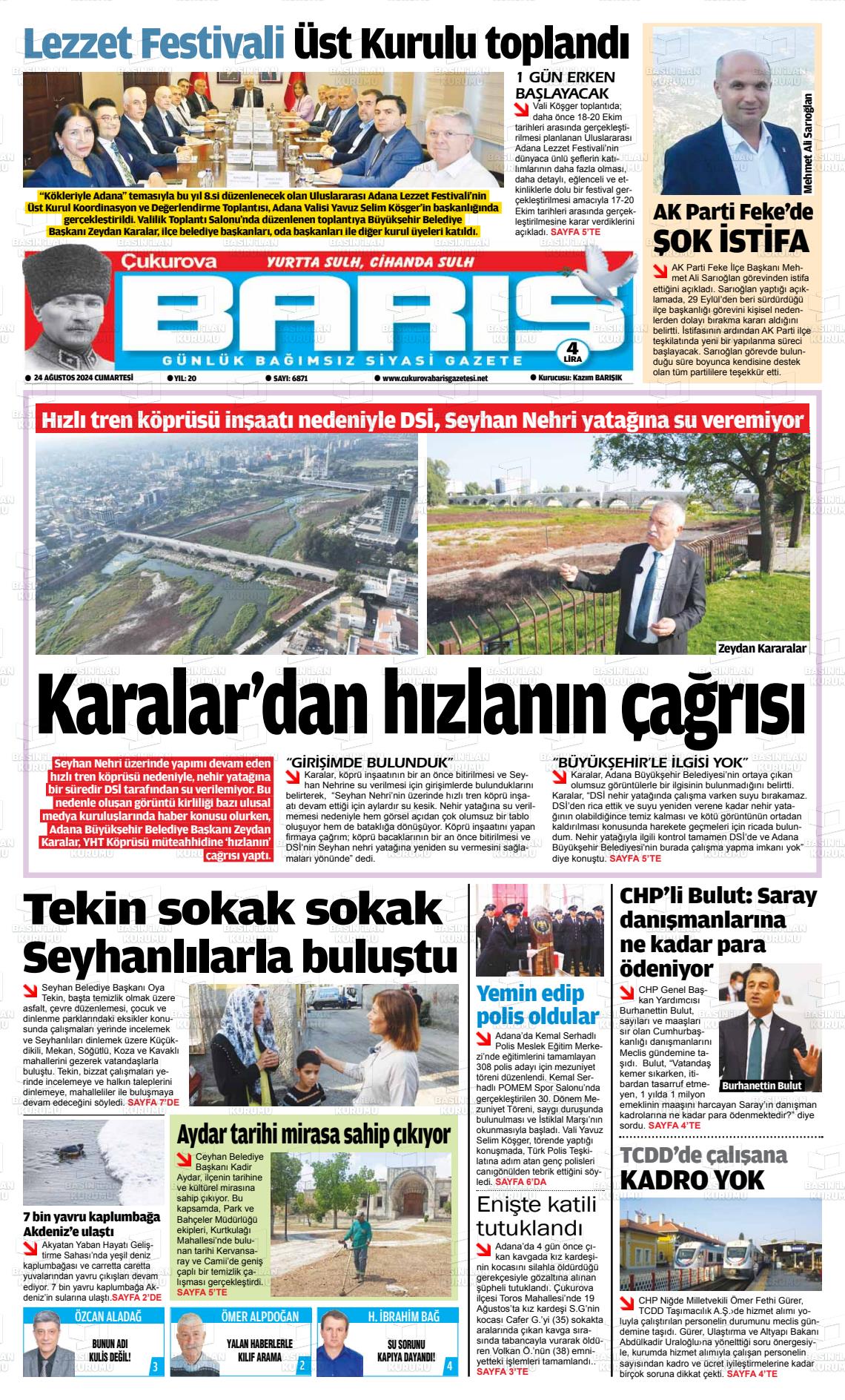 24 Ağustos 2024 Çukurova Barış Gazete Manşeti