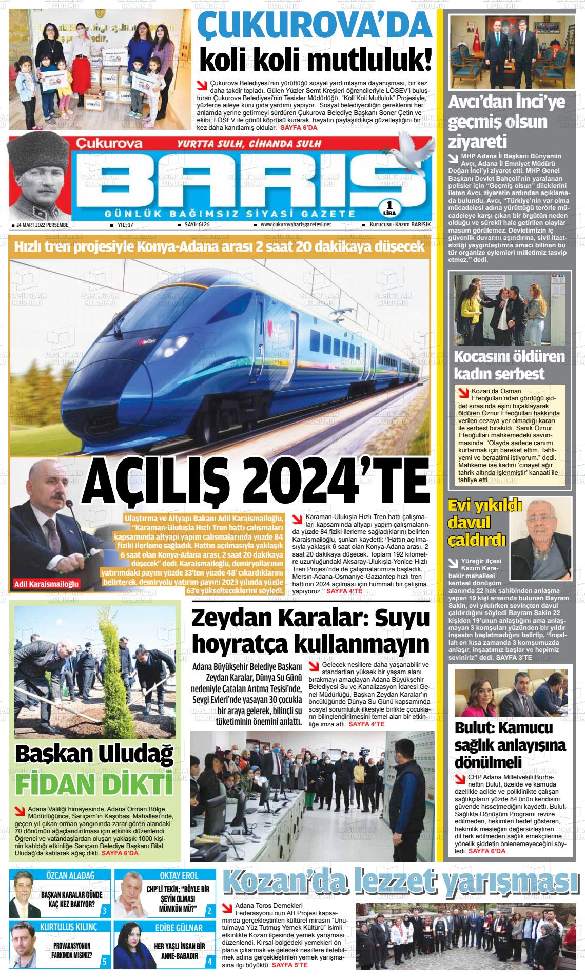 24 Mart 2022 Çukurova Barış Gazete Manşeti