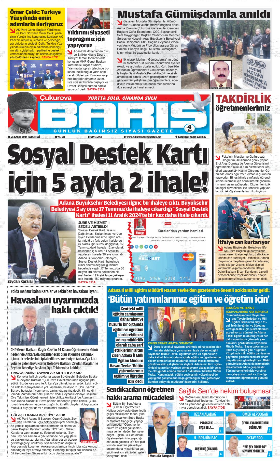 25 Kasım 2024 Çukurova Barış Gazete Manşeti