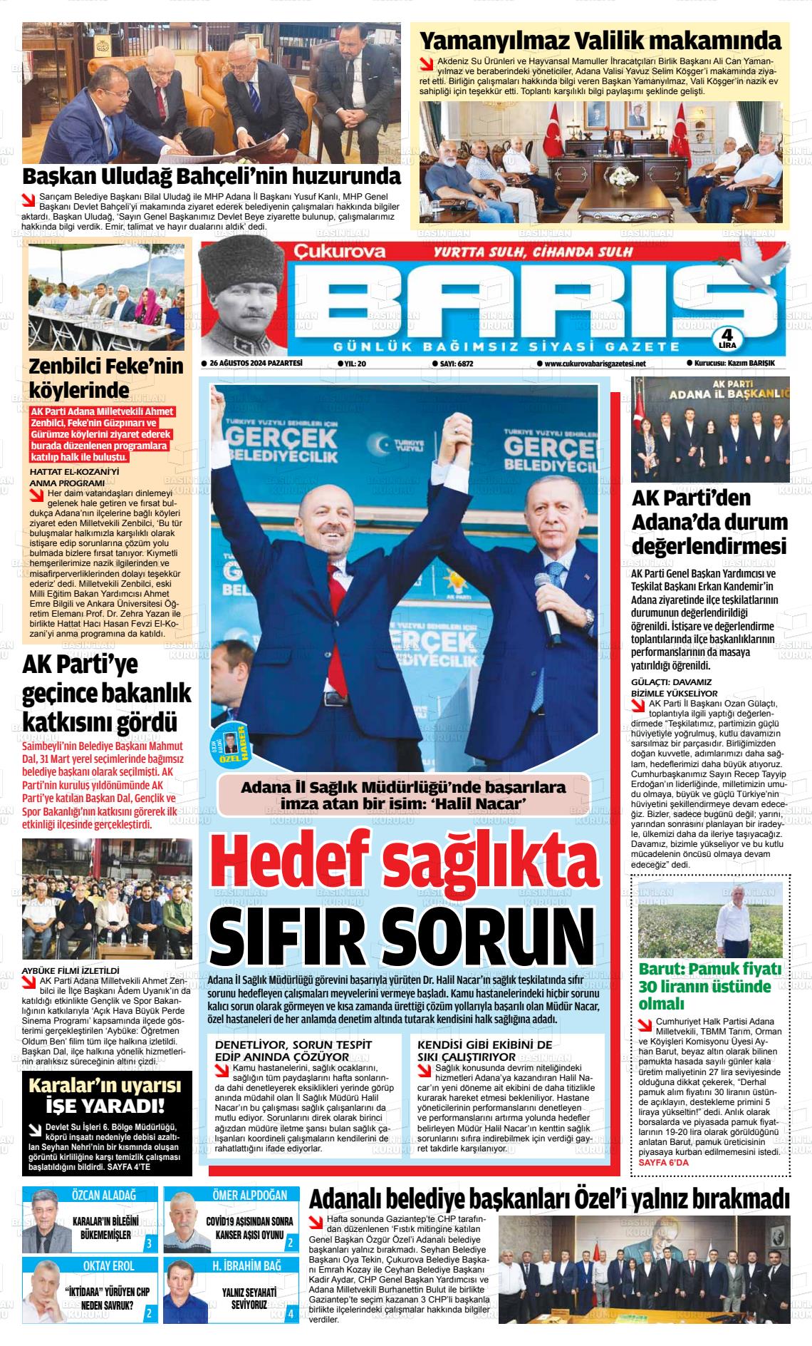 26 Ağustos 2024 Çukurova Barış Gazete Manşeti